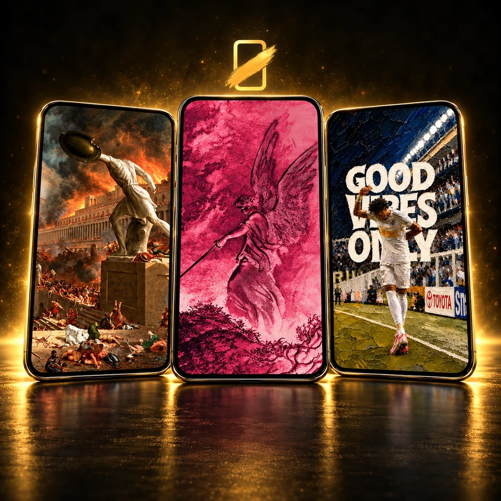 Três celulares com wallpapers do Lienzo em pintura a óleo